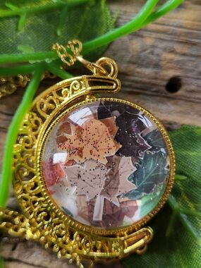 Autumn Leaf Double Sided Necklace Habdcrafted Under Glass Cabachon
